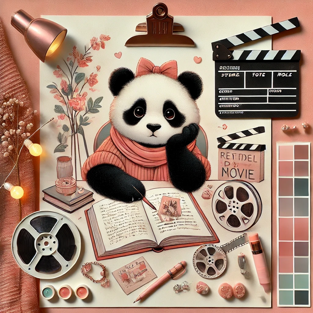 Giant panda reviewing book and movies